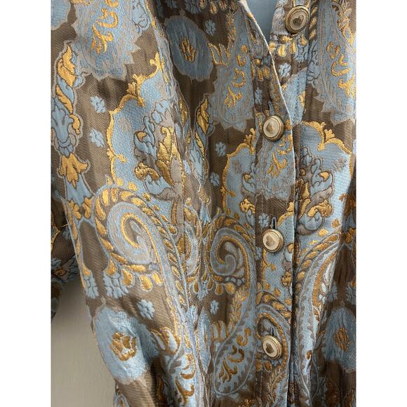 Sandro Orlan Metallic Jacquard Puff Sleeve Mini Shirt Dress Blue/Gold EU 42 US 6 - Picture 10 of 11